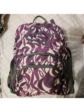 Y2K Fox Racing Purple & Gray Backpack With Leaf Pattern Multiple Pockets Adjusta